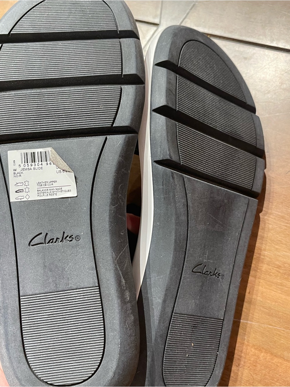 Clarks Black Leather Slide Sandals with White Sole and Buckle - Picture 4 of 7